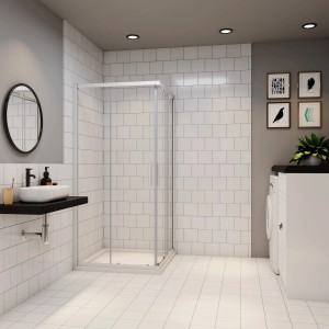 AICA Duschkabine Eckeinstieg, 76x76x185cm, mit Schiebetür aus ESG-Glas. Badmöbel im Hintergrund.