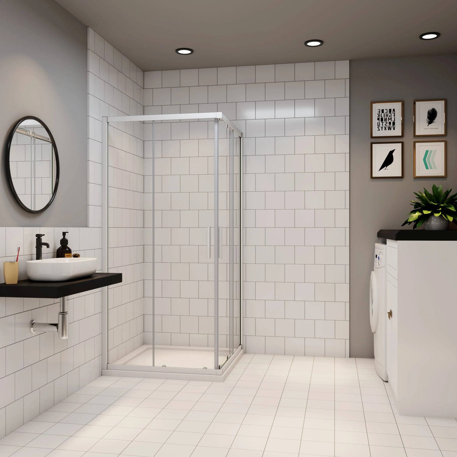 AICA Duschkabine Eckeinstieg, 76x76x185cm, mit Schiebetür aus ESG-Glas. Badmöbel im Hintergrund.