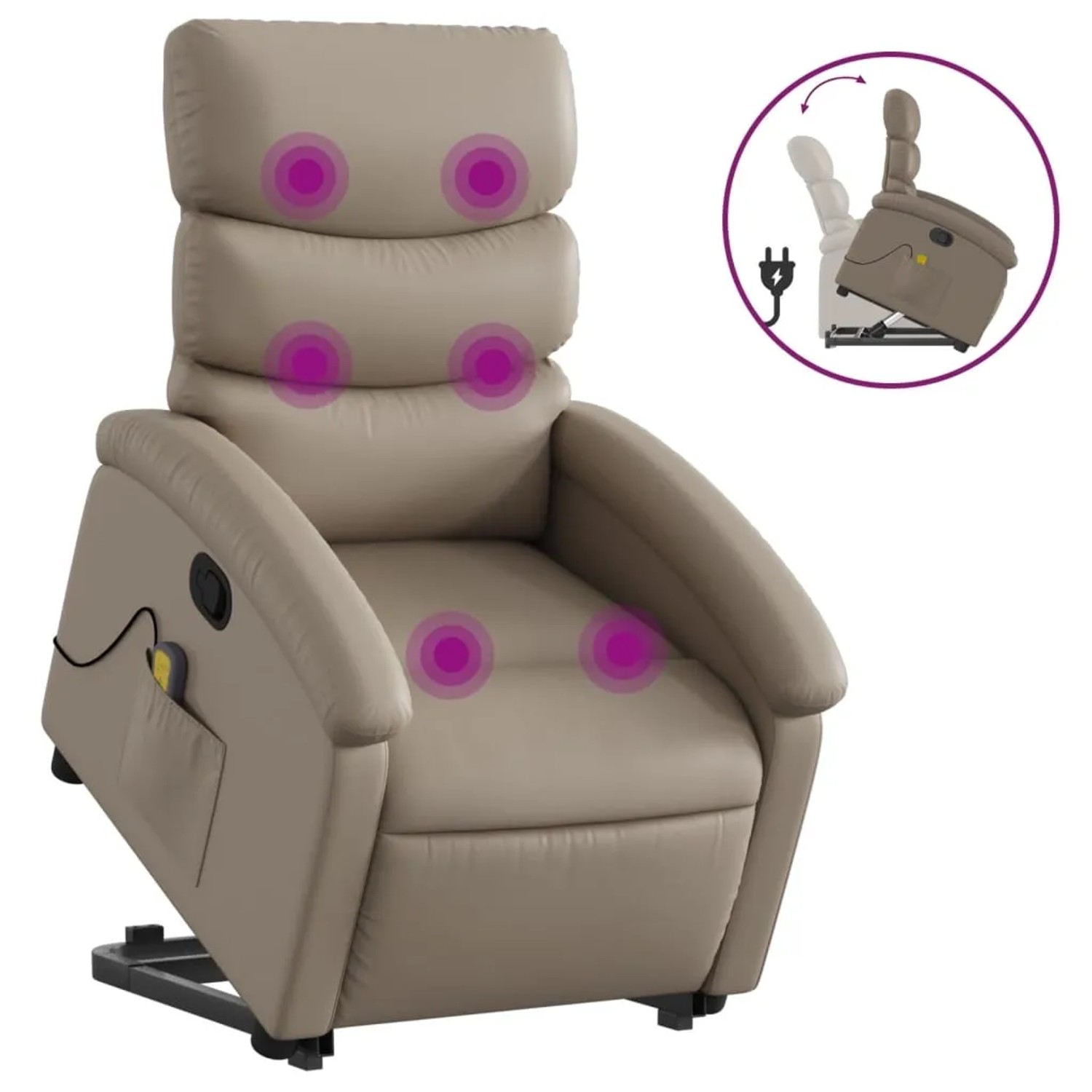 Cappuccino-brauner Massagesessel mit Aufstehhilfe aus Kunstleder, Relaxsessel mit Vibrationsmassage.