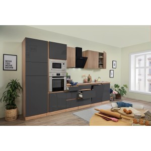 Moderne, graue Respekta Premium Küchenzeile in Eiche Optik mit E-Geräten und grifflosen Fronten.