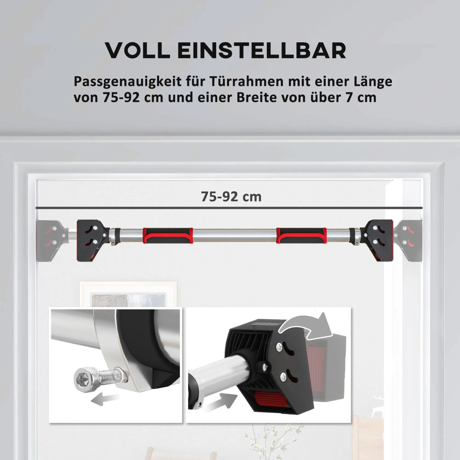 SPORTNOW Klimmzugstange, schwarz-silber, verstellbar für Türrahmen 75-92 cm. Zeigt Montage und Längenanpassung.