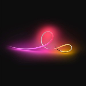 Philips Hue OmniGlow LED-Lichtstreifen mit weichem Farbverlauf in Pink, Magenta und Orange auf dunklem Grund.