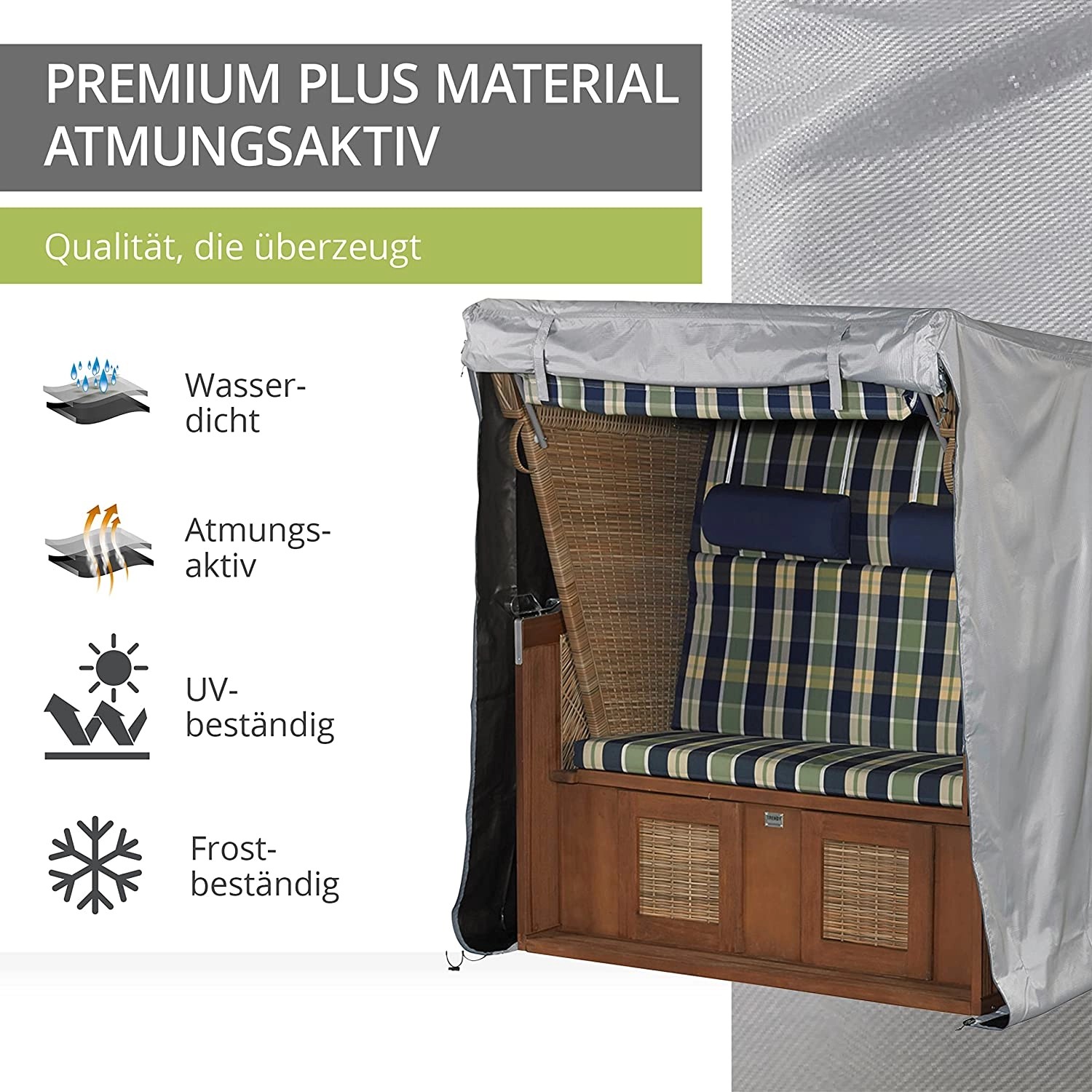 Graue Strandkorbhülle von Mehr Garten Plus, wasserdicht und atmungsaktiv.