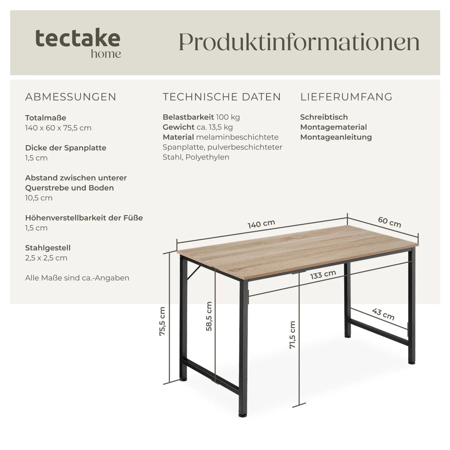 Tectake Schreibtisch Jenkins im Industrial Style mit Holz Eiche Sonoma und Stahl, 140x60x75,5 cm.