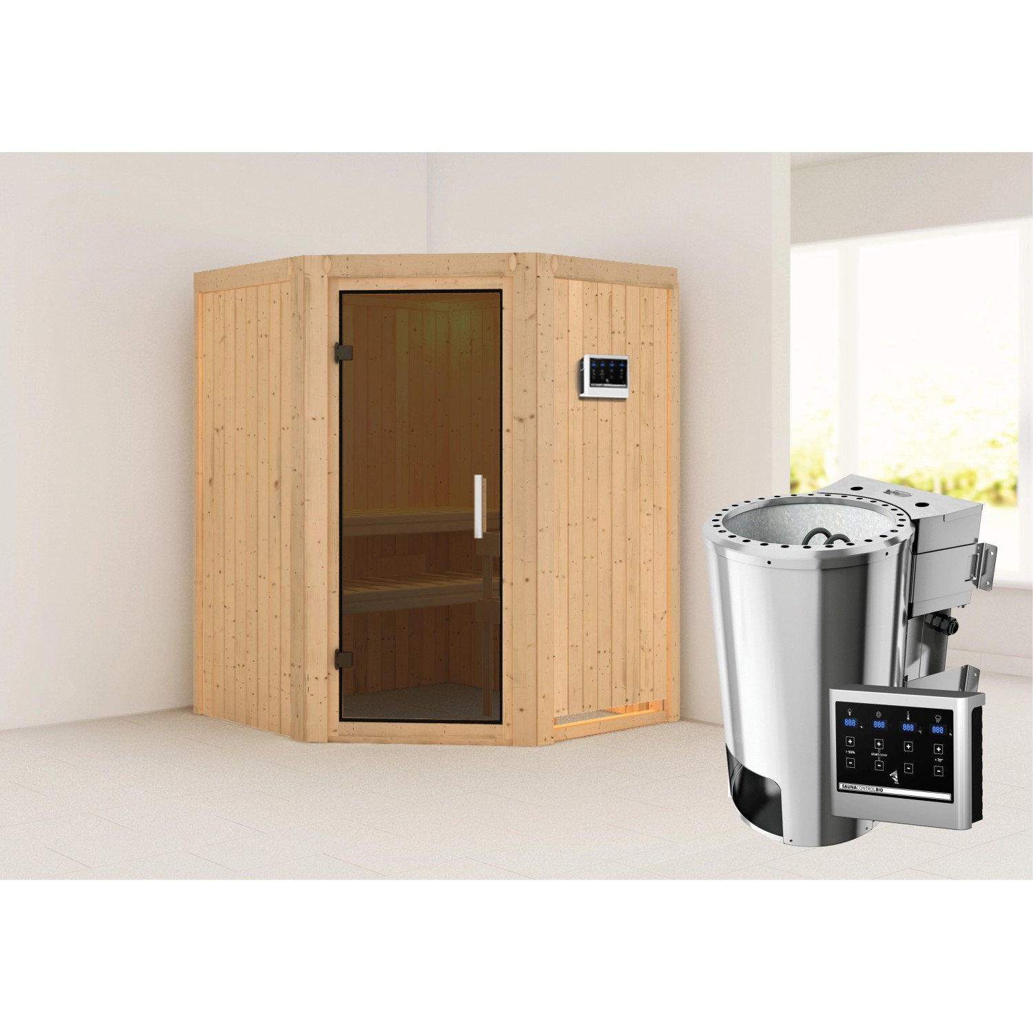 Karibu Sauna mit Bio-Ofen externe Stg.Easy Natur