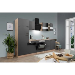 Moderne Respekta Küchenzeile KB270ESGCGKE in Grau-Eiche Optik mit Elektrogeräten.