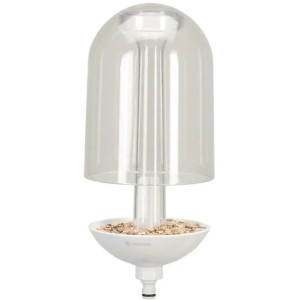 Gardena ClickUp! Vogelfutterstation mit transparentem Schutzdach und weißer Futterschale.