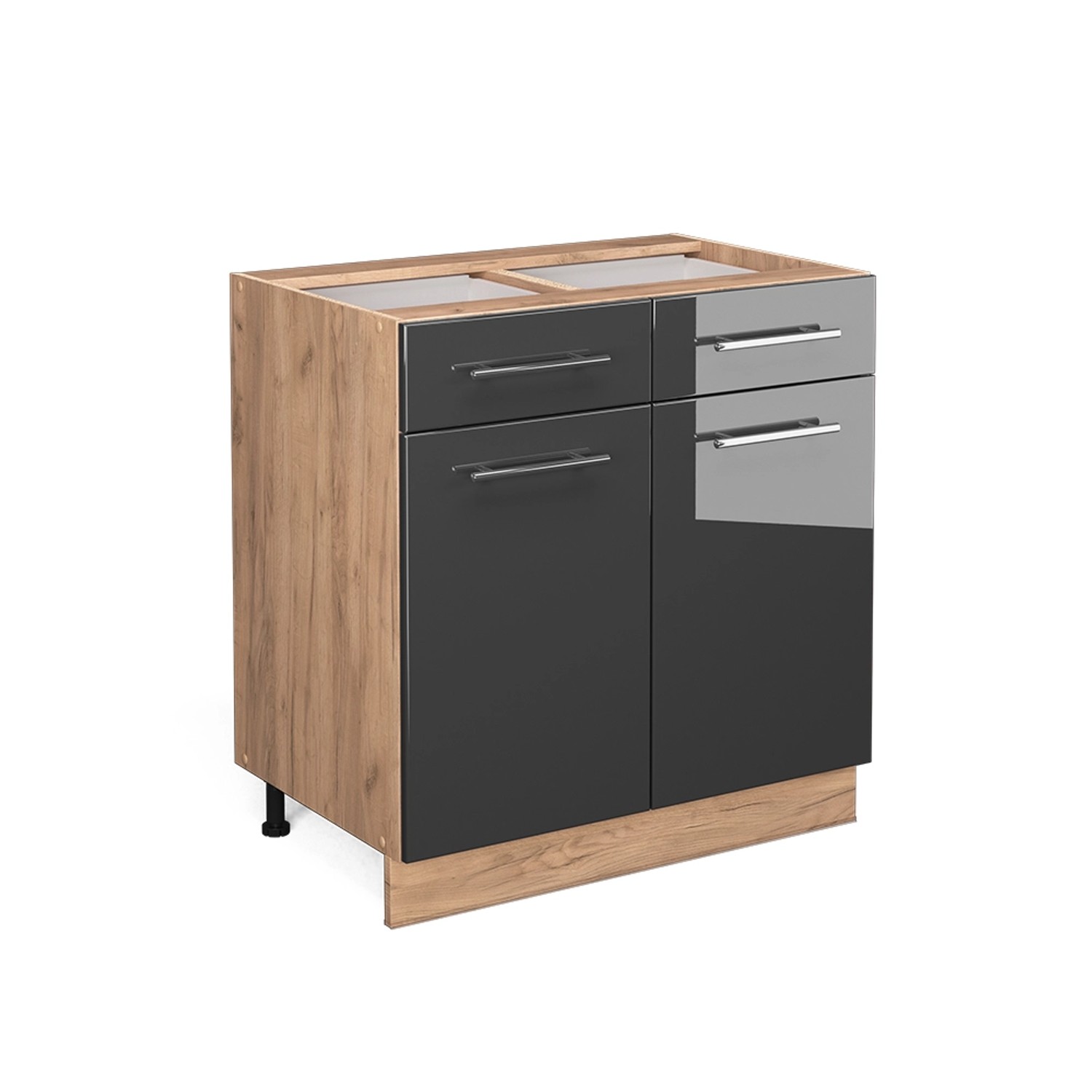 Vicco Küchenunterschrank Fame-Line Anthrazit Hochglanz/Goldkraft Eiche 80 cm mit Schubladen ohne Arbeitsplatte