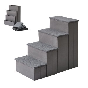 Graue faltbare Hundetreppe (4 Stufen) aus MDF/Polyester mit Stauraum. Aufstiegshilfe für Haustiere.