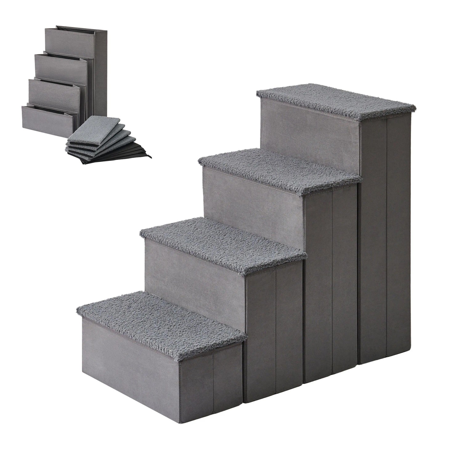 Relaxdays Hundetreppe MDF Polyester Grau Faltbar mit Stauraum 65 cm x 40 cm x 70 cm