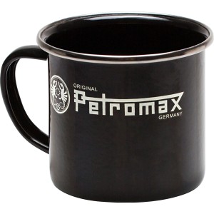 Schwarzer Petromax Emaille-Becher 0,37 l mit Logo, ideal für Grillutensilien.