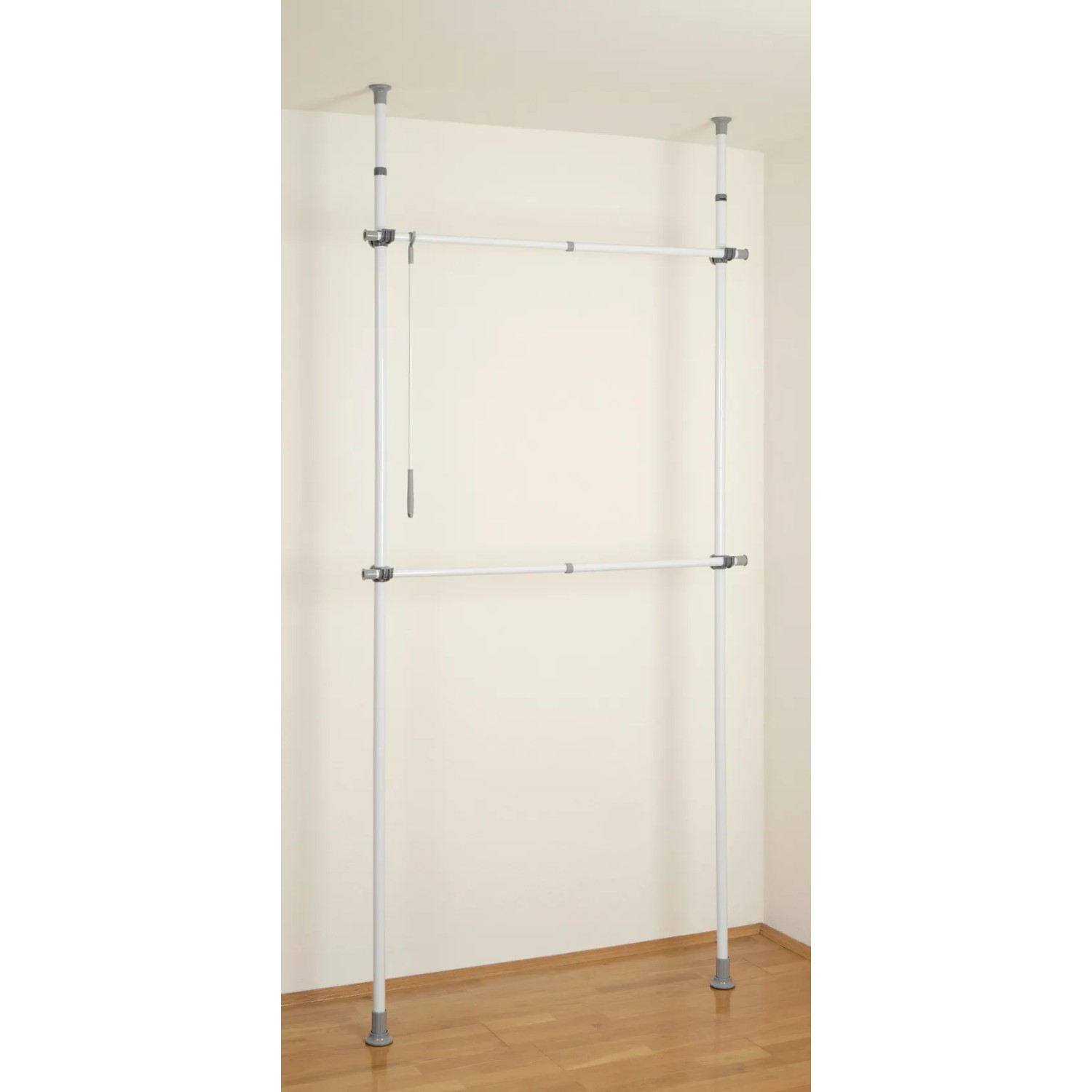 Wenko Teleskop-Garderobensystem Herkules Basic, flexibles System mit 2 Stangen, weißes Metall, graue Kunststoffteile.