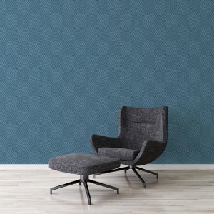 Blaue Vliestapete mit Rautenmuster im Jugend-/Schlafzimmer. Geometrische, metallische Optik.