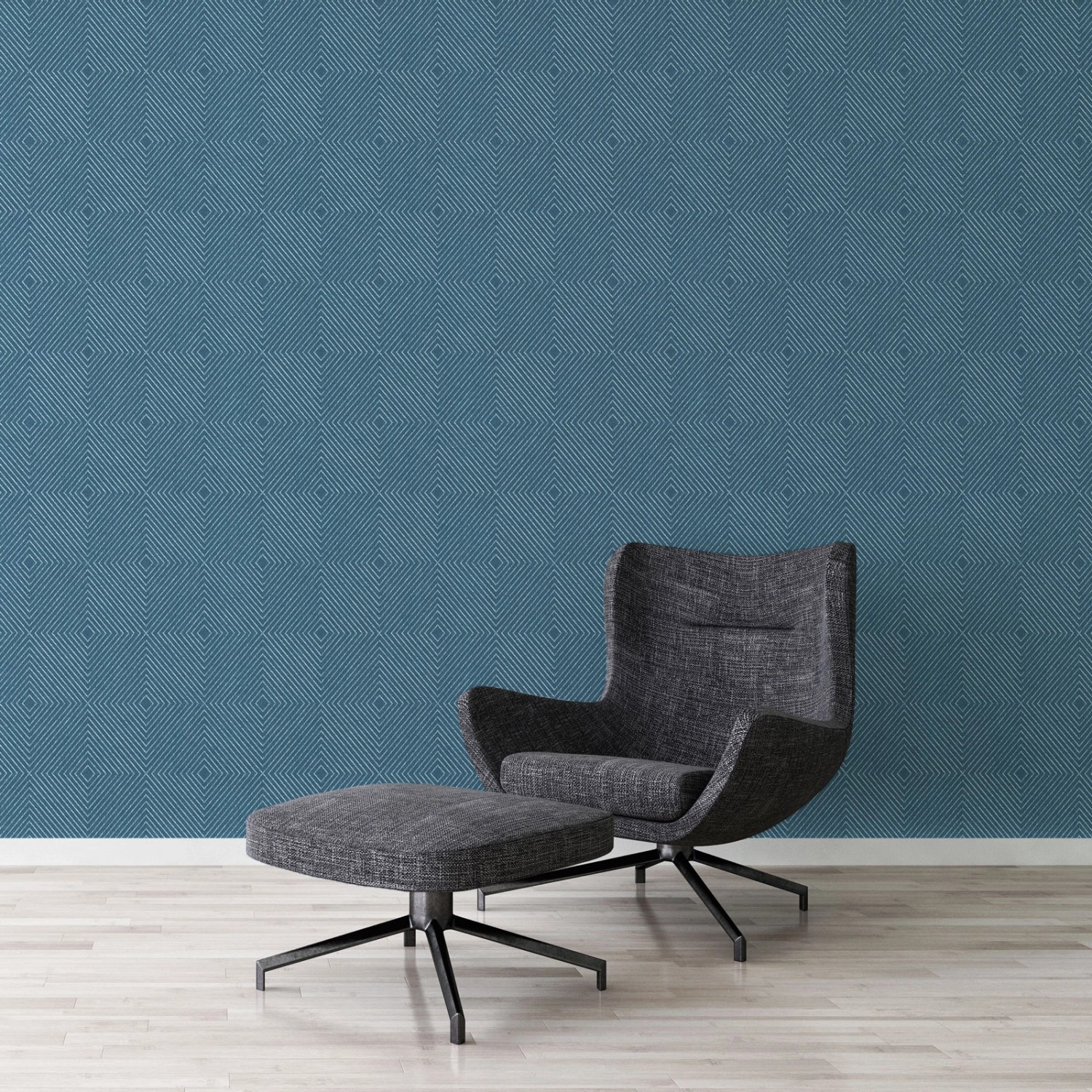 Blaue Vliestapete mit Rautenmuster im Jugend-/Schlafzimmer. Geometrische, metallische Optik.