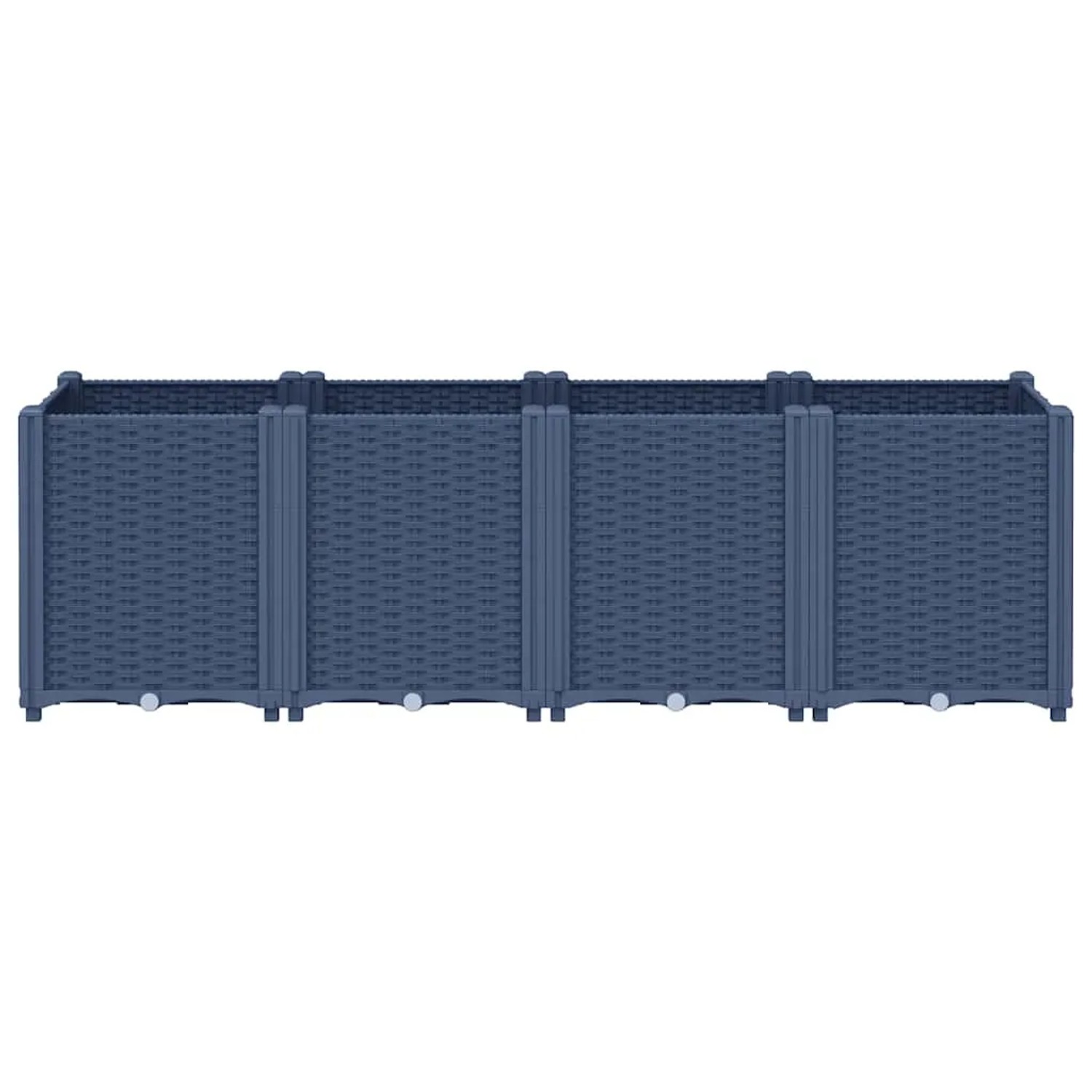 Blaugrauer vidaXL Pflanzkübel (160x40x53 cm) mit Rattan-Optik.