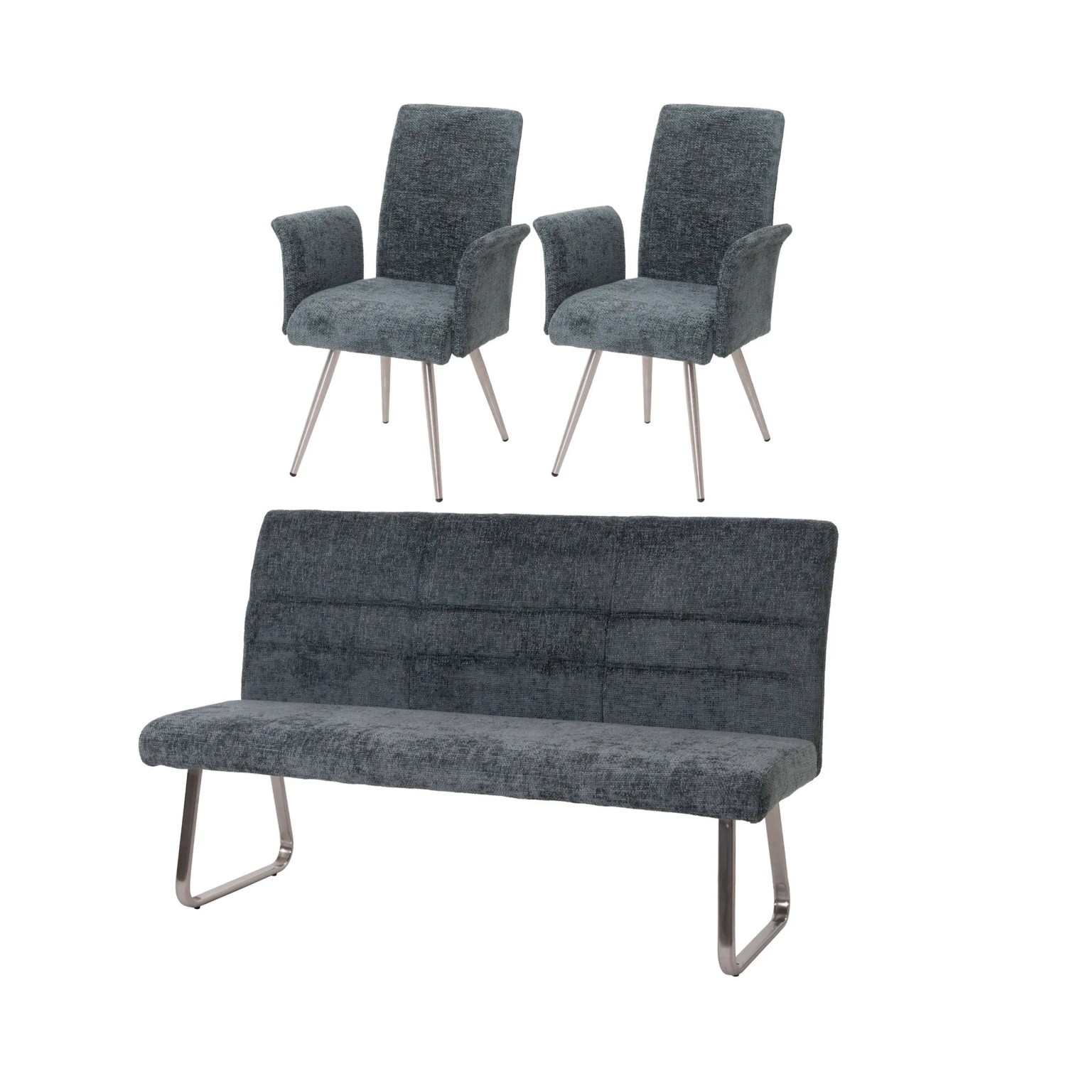 MCW Esszimmer-Set G55 2er-Set Stuhl Mit Armlehne+Sitzbank 180cm 3-teilig Stoff Chenille Blau-Grün