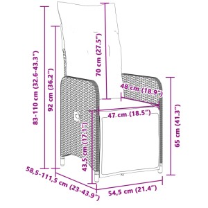 Skizze eines schwarzen, verstellbaren vidaXL Gartensessels mit Kissen und Maßangaben.