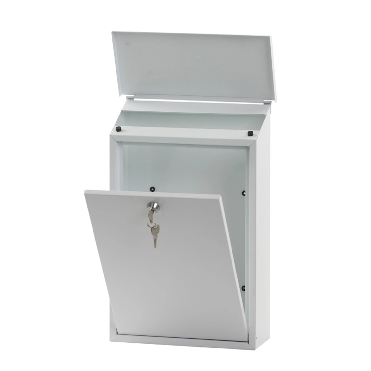 Weißer PROREGAL Wandbriefkasten Toledon mit geöffneter Klappe und Schlüssel.