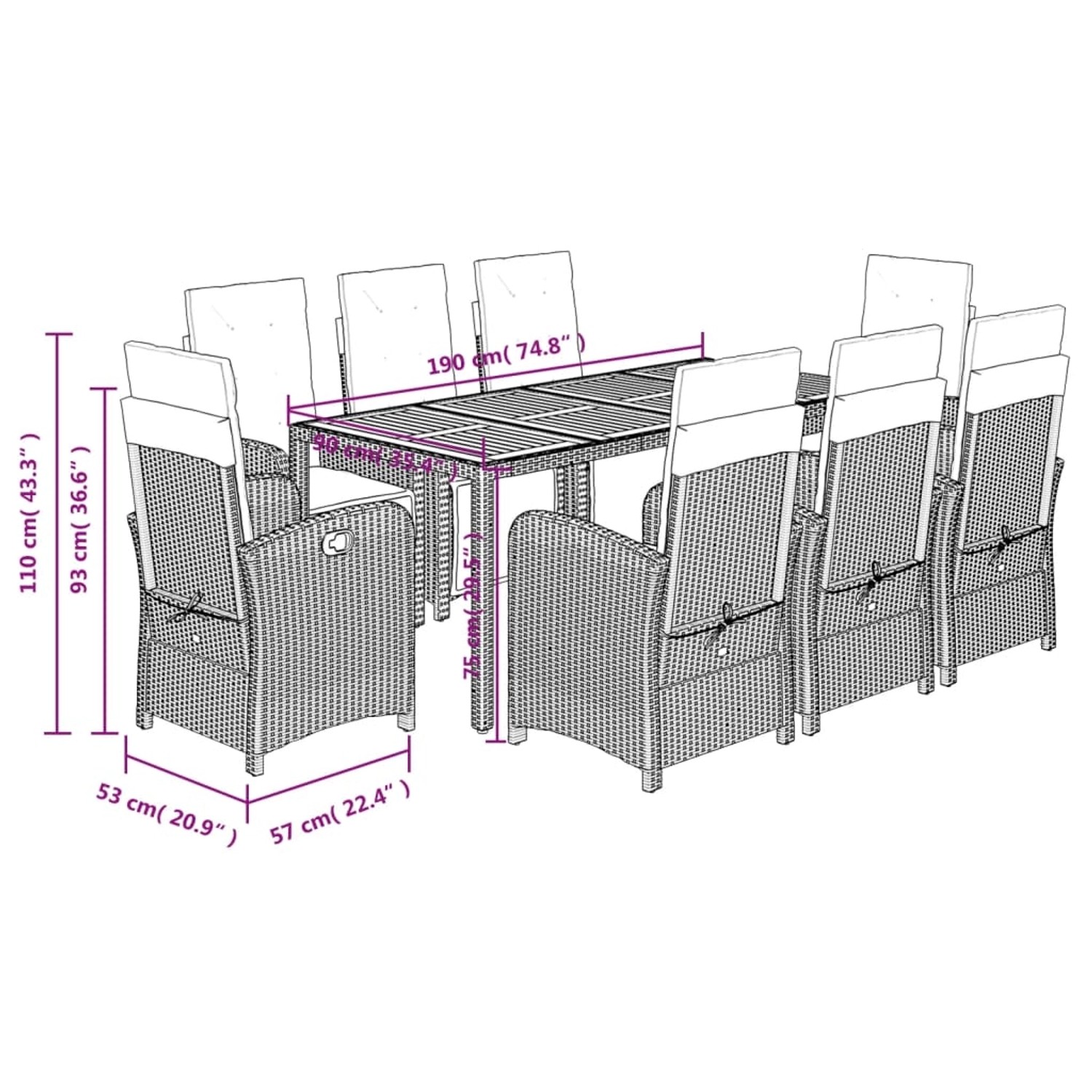 Schwarze 9-tlg. Garten-Essgruppe aus Polyrattan mit Tisch und verstellbaren Stühlen mit Kissen.