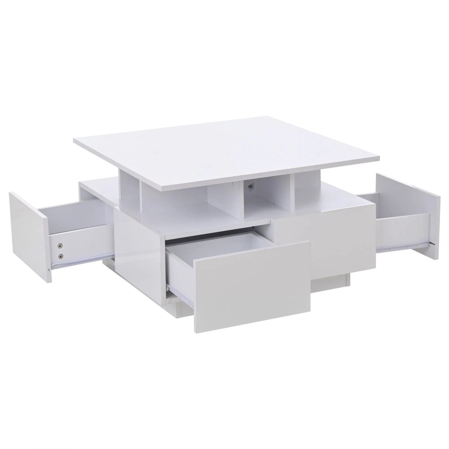 Merax Couchtisch Hochglanz Mit LED 4 Schubladen Geometrisches Design Weiß