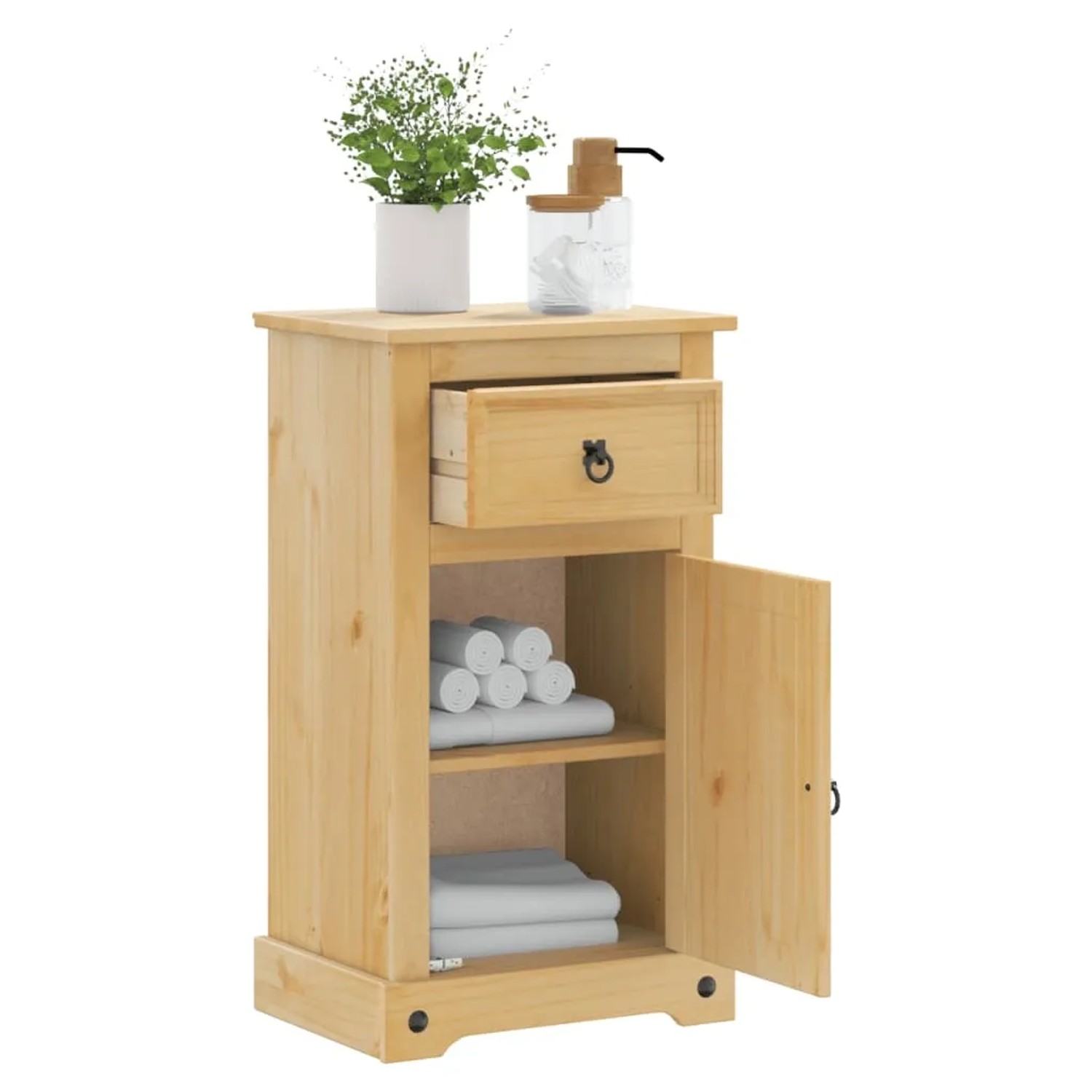 vidaXL Badschrank Corona aus Kiefernholz mit Schublade und offener Tür, gefüllt mit Handtüchern.