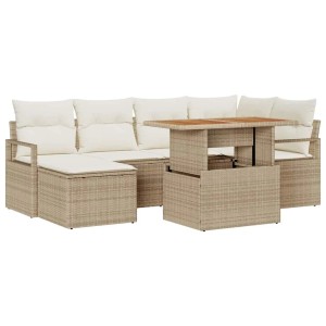 Beige vidaXL Garten Essgruppe mit Kissen, 7-teilig, aus Polyrattan, Stahl und Akazienholz.