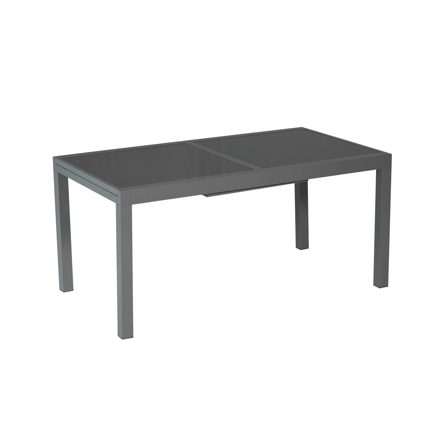Ausziehbarer Gartentisch Milano, 150/210x90 cm, mit grauer Glasplatte und Graphit Gestell.