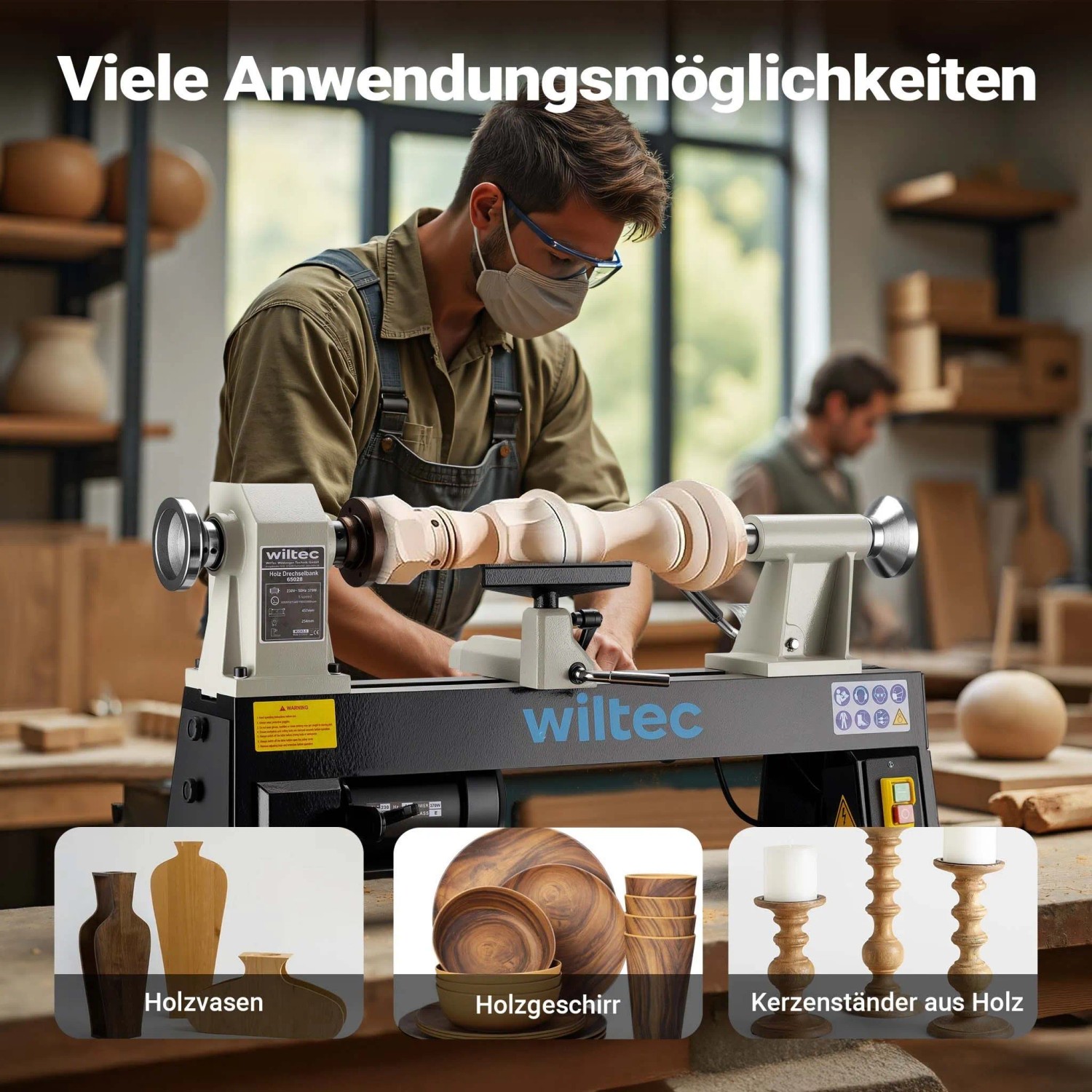Mann drechselt Holz auf Wiltec Drechselbank 370W. Beispiele: Holzvase, Geschirr, Kerzenständer. Vielseitige Holzarbeiten.