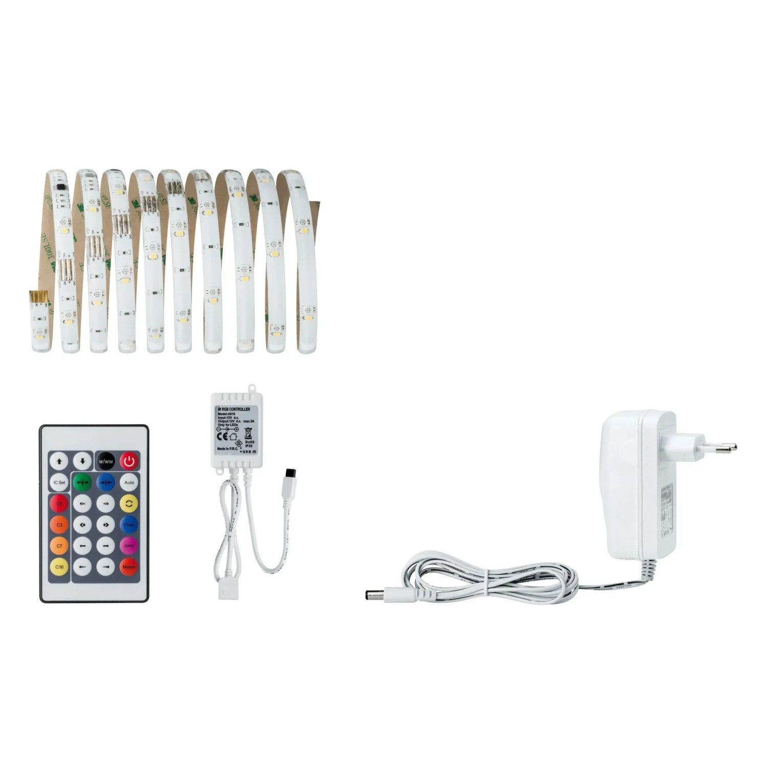 Paulmann LED Stripe Set mit Fernbedienung, Netzteil und RGBW-Farbwechselfunktion.