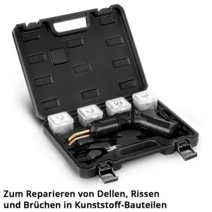 STAHLWERK Kunststoff Reparatur Set im geöffneten Koffer mit Heißhefter, Schweißklammern und Zubehör.