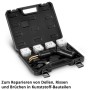 STAHLWERK Kunststoff Reparatur Set im geöffneten Koffer mit Heißhefter, Schweißklammern und Zubehör.
