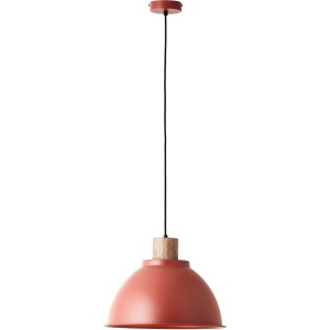 Rote Brilliant Pendelleuchte Erena, 38 cm Durchmesser, mit Holzelement.