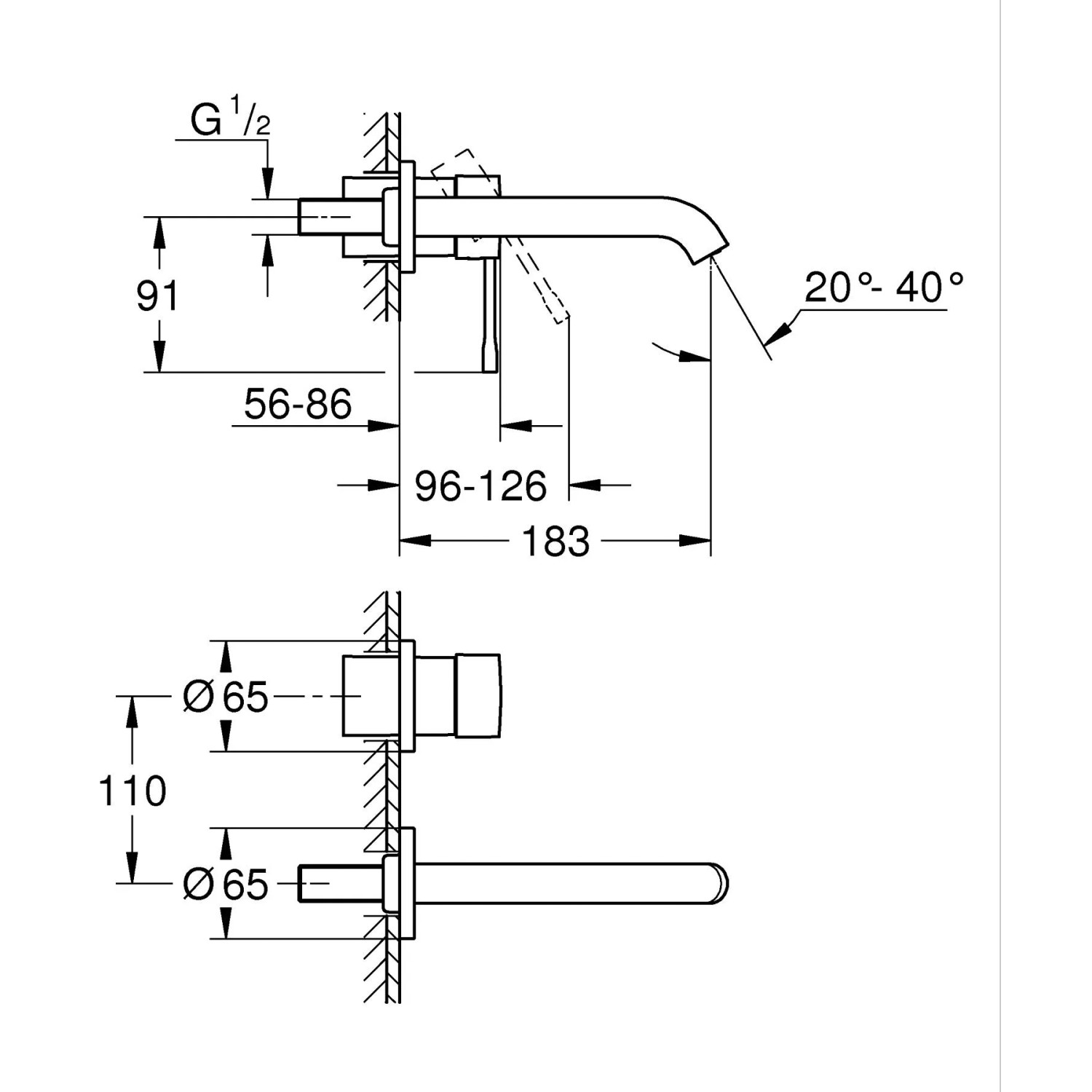 Technische Zeichnung der Grohe Essence 2-Loch-Waschbeckenarmatur in Chrom mit Maßangaben.