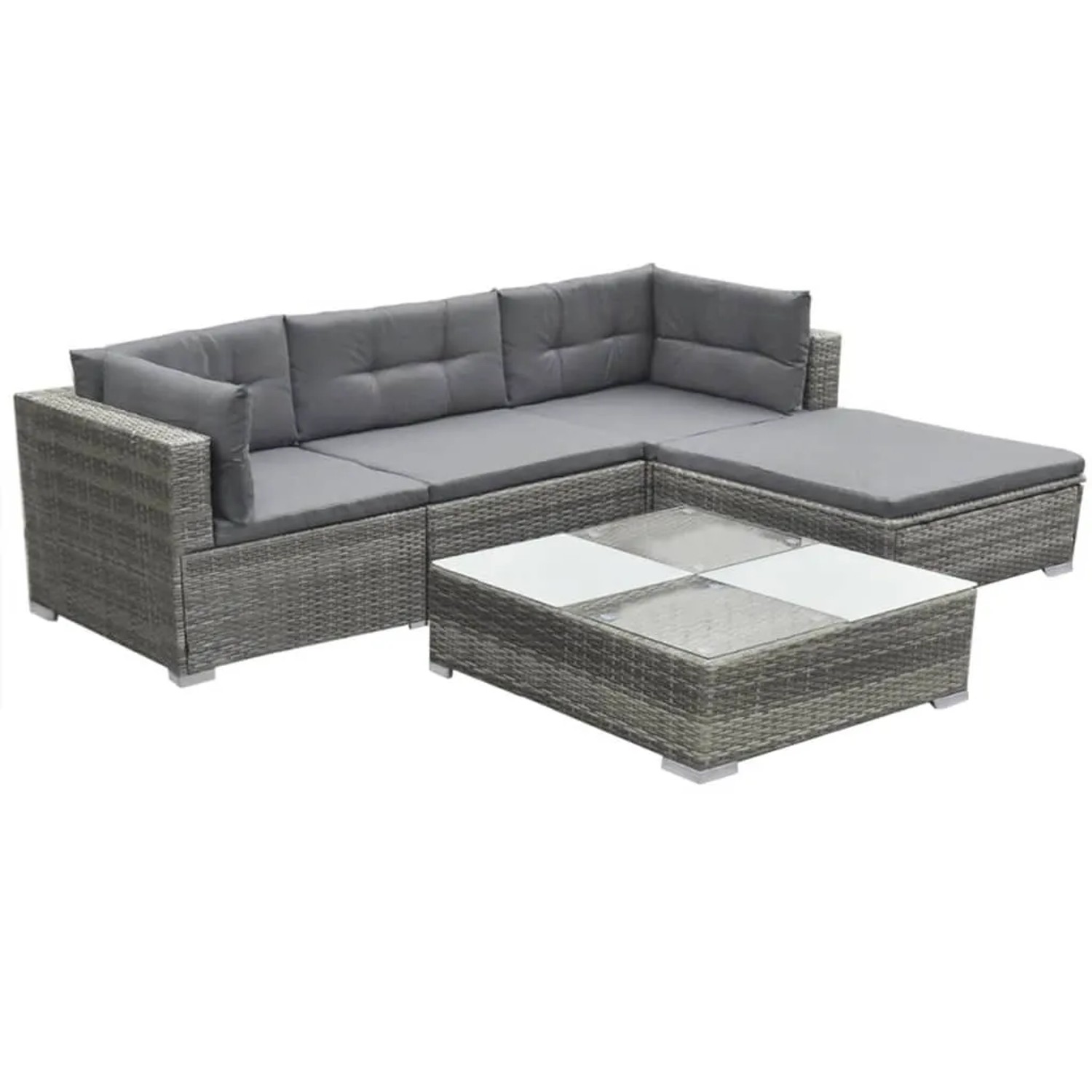 Graues 5-tlg. vidaXL Garten-Lounge-Set aus Rattan mit Kissen und Tisch.