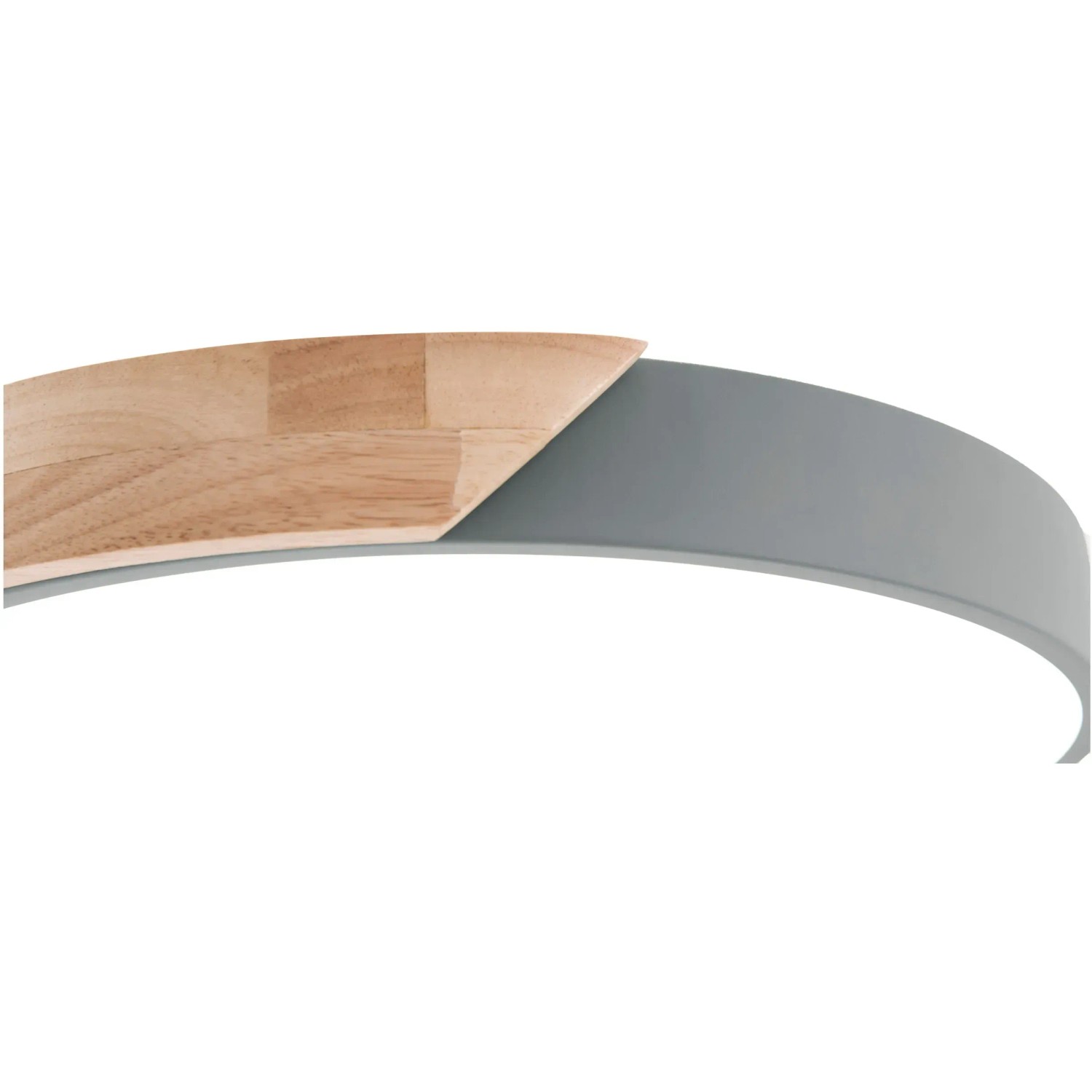 Detailaufnahme: Graue LED-Deckenleuchte Borneo (Ø 31cm) mit Holzapplikation.