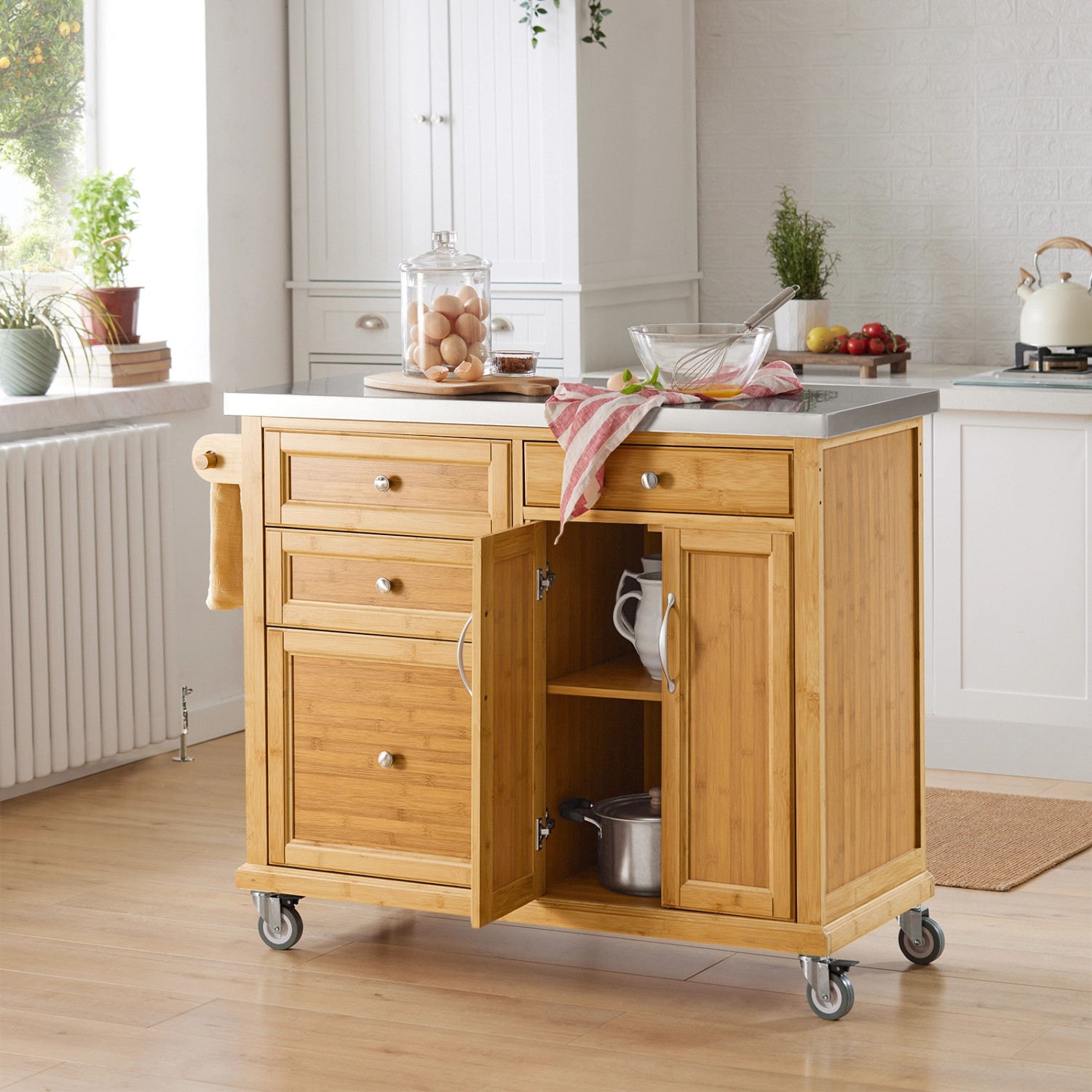 SoBuy Küchenwagen FKW70-N aus Bambus mit Edelstahlplatte und Rollen.