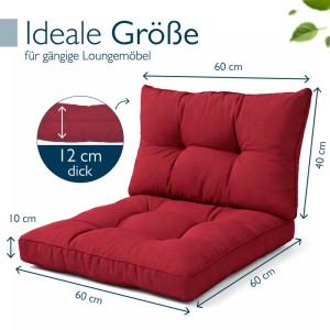 Rotes Lounge Kissen Set XLuna für Gartenmöbel. Sitzkissen 60x60x10cm, Rückenkissen 60x40x12cm.