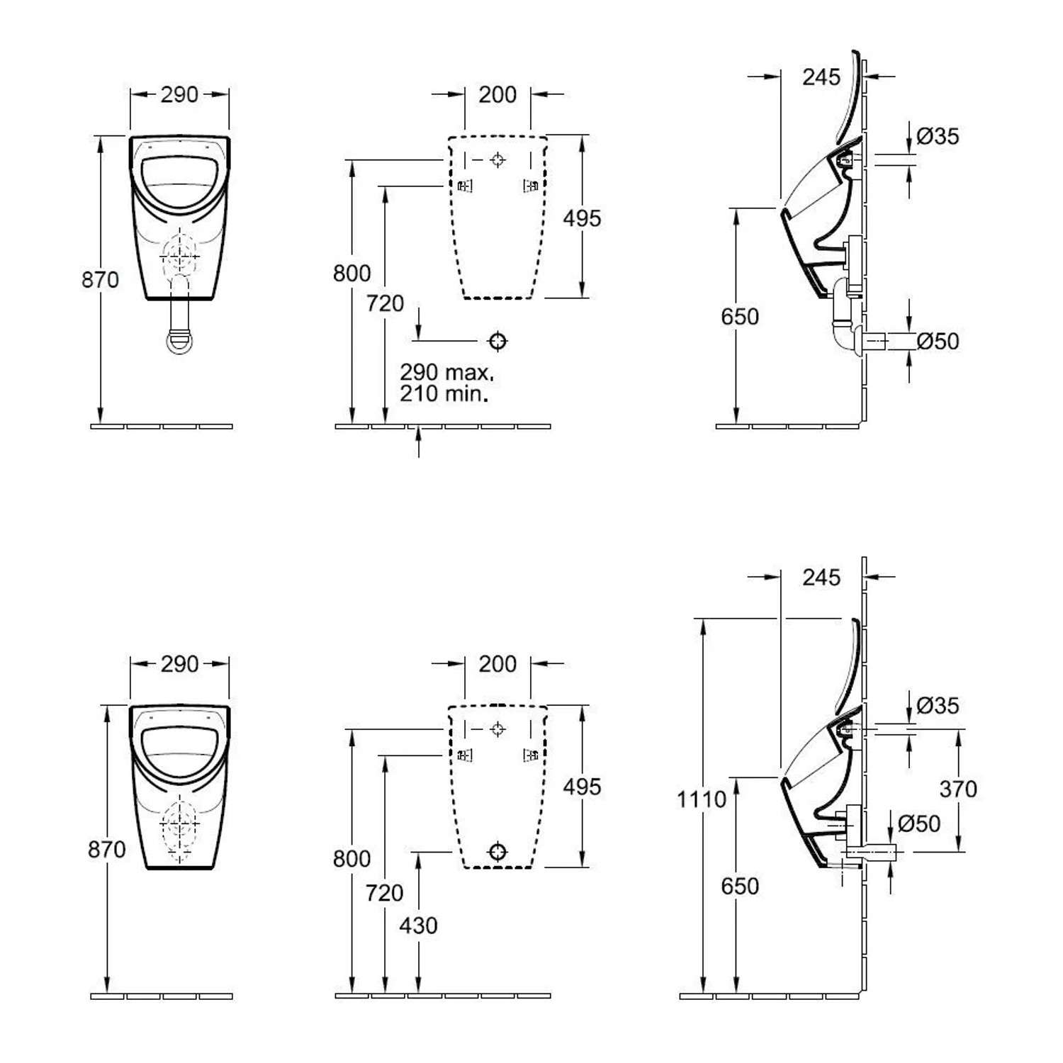 Villeroy & Boch O.NOVO Absaug Urinal: Technisches Maßbild mit allen Installationsmaßen und Ablaufoptionen.
