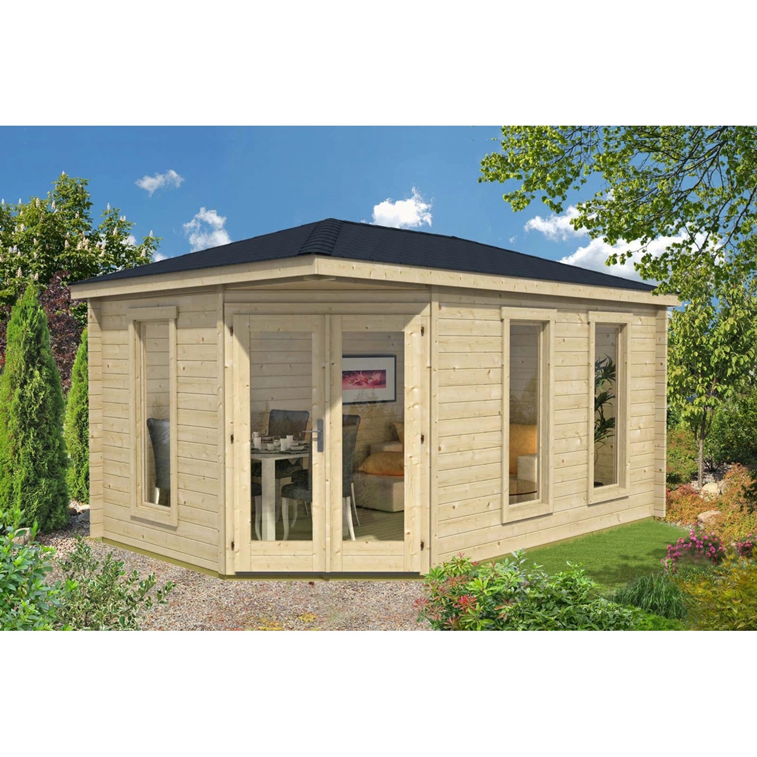Alpholz Gartenhaus/Gerätehaus Lido-40 Walmdach 470 cm x 325 cm Hellbraun
