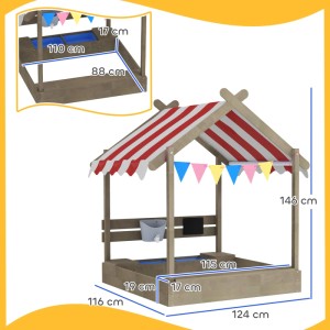 Outsunny Sandkasten mit Dach, grau-weiß, mit Sitzplatz und Wimpelkette. Ideal für Kinder von 3-7 Jahren.