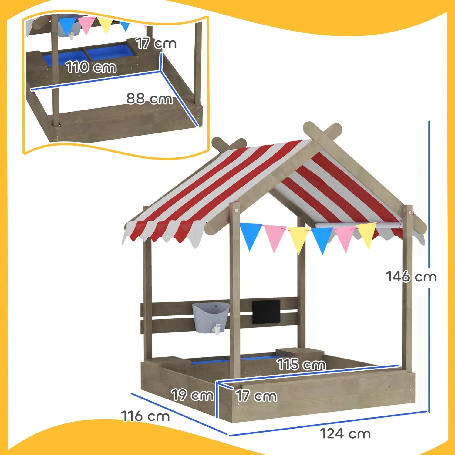 Outsunny Sandkasten mit Dach, grau-weiß, mit Sitzplatz und Wimpelkette. Ideal für Kinder von 3-7 Jahren.