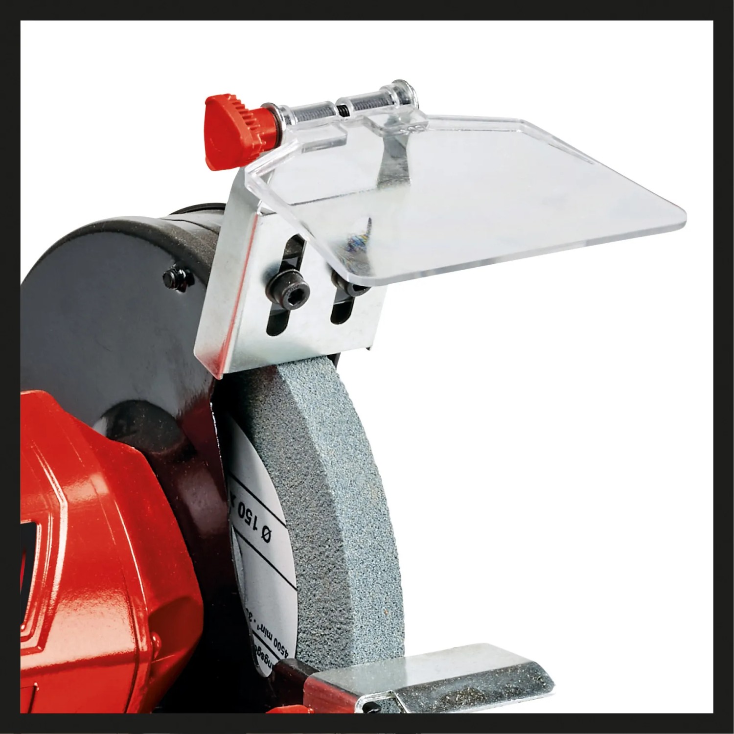 Detailaufnahme Einhell TC-BG 150 Doppelschleifer mit Schleifscheibe und Funkenschutz.