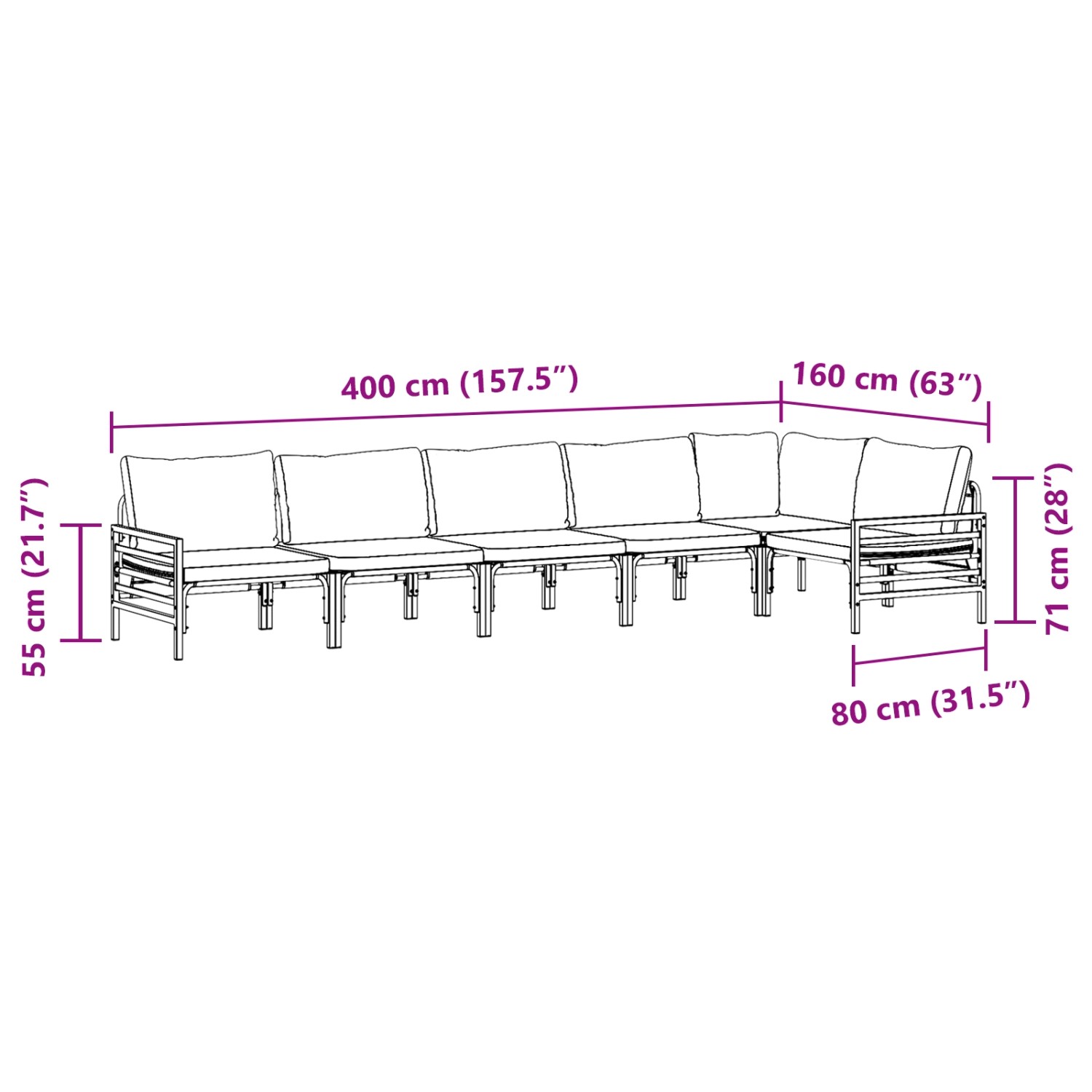 vidaXL Garten-Sofa-Set, 6-teilig, anthrazitfarben, Stahl, mit Maßangaben.