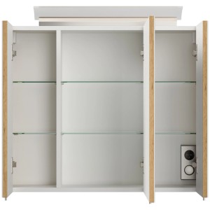 Offener Posseik Spiegelschrank 75 cm Eiche Gold mit weißem Innenraum, LED-Lampe, Glasböden, Steckdose.