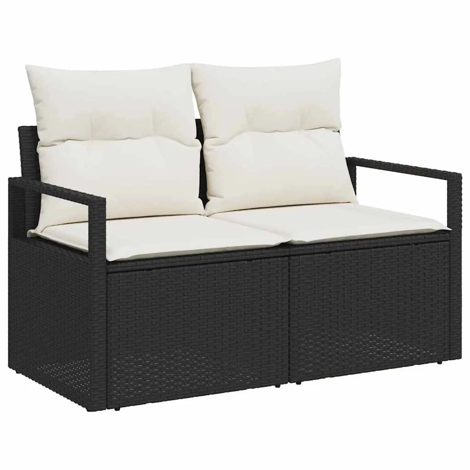 Schwarzes 2-Sitzer Gartensofa aus Polyrattan mit weißen Kissen, Teil eines modularen Gartenmöbel Sets.