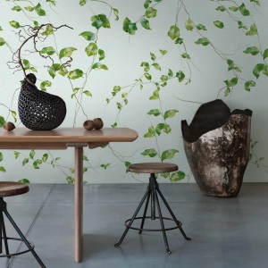 Fototapete Floral Grün/Blau/Braun: PROFHOME Vliestapete mit Blätter-Motiv für Wohnräume.