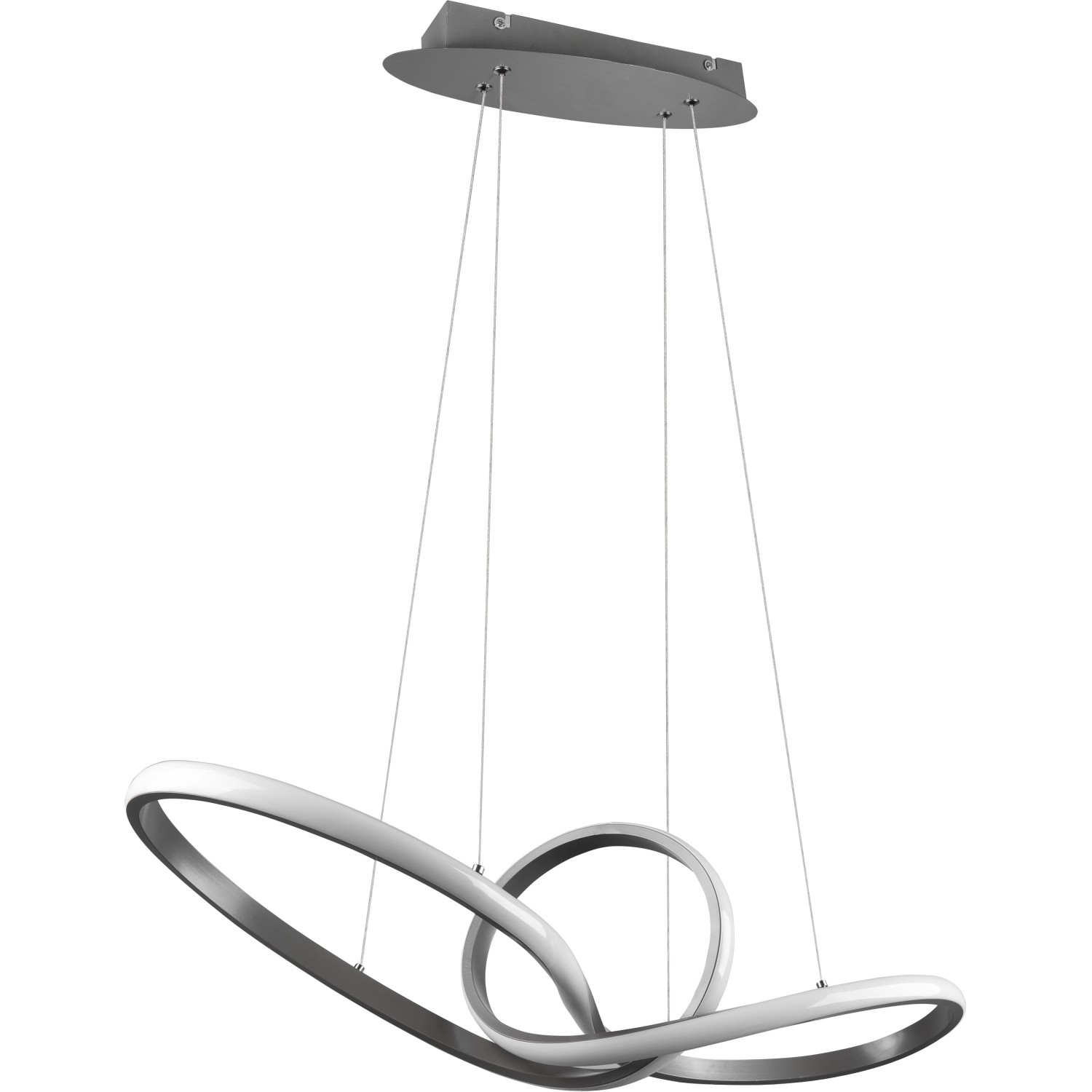 Moderne LED-Pendelleuchte Sansa, 28W, Nickel matt, mit geschwungenem Design und Switch Dimmer.