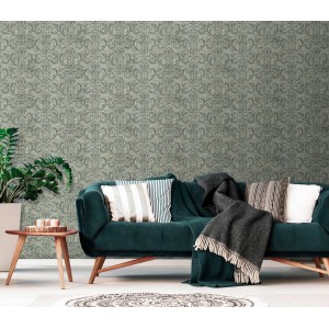 Grüne Erfurt Vliestapete Eco Deco Ornament im Barock Design an Wohnzimmerwand.