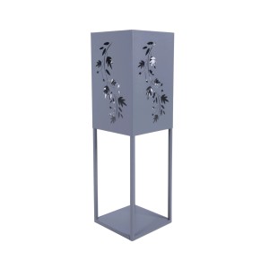 Graue DELUKE Dekosäule PORTO mit LED, 60cm hoch, Stahl, mit Blattmuster für Wohnzimmer oder Büro.