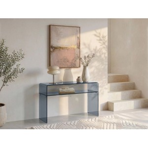 Anthrazitgrauer Vente-unique Stileos Konsolentisch aus gehärtetem Glas, 110 cm breit, mit Ablagefach. Modernes Wohnzimmermöbel.